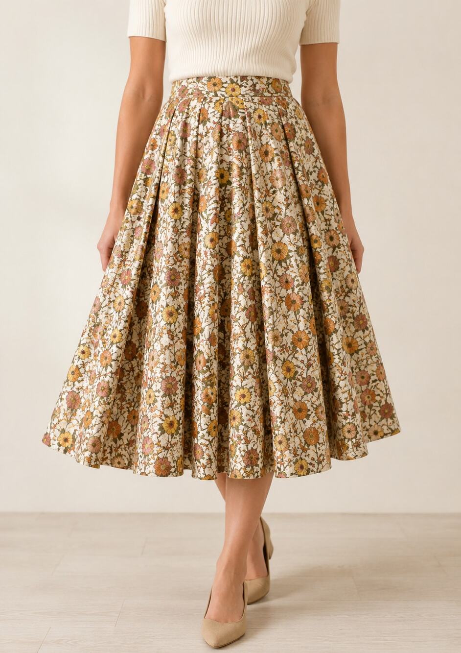 Vintage 1950s Doris Dodson Original Metallic Floral Full Pleated Swing Skirt XS
